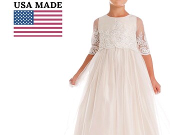 USA Made | Sequin detail Scalloped Lace Top with Satin & Tulle | Miley Dress