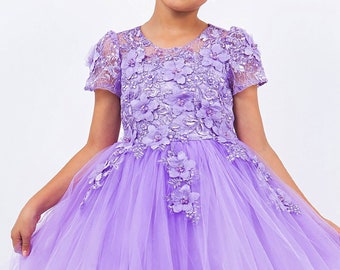 Embedded 3D Floral Flower Girl Dress | Cap sleeve Wired Tulle Flower Girl Dress | Aria dress