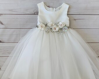 USA Made Floral Rhinestone Flower Girl Dress: Satin Tulle Grace Dress