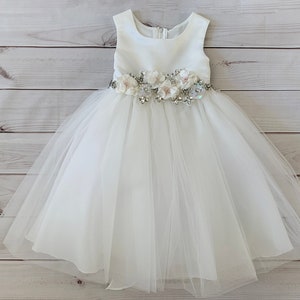 USA Made Floral Rhinestone Flower Girl Dress: Satin Tulle Grace Dress