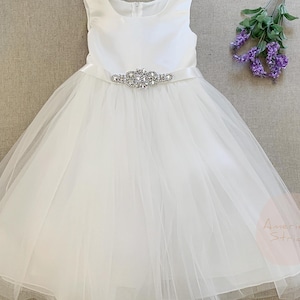 USA Made | Satin Tulle Flower Girl Dress with Detachable Pearl Rhinestone Sash | Naomi dress