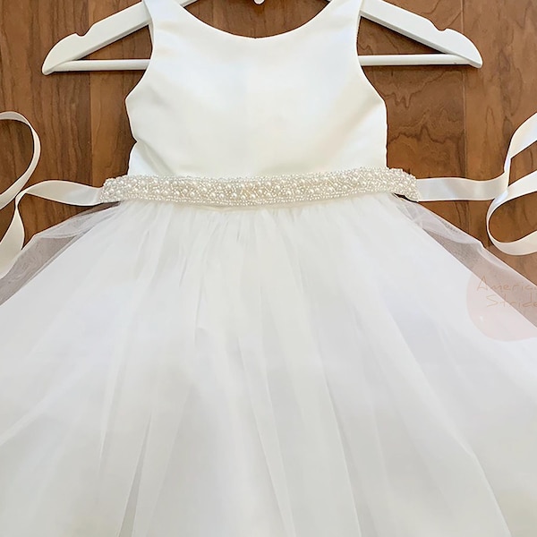 USA Made Satin Flower Girl Dress: Pearl Sash, 4-Layer Tulle Skirt