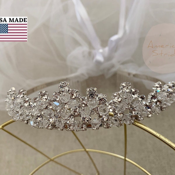 USA Made | Communion Tiara and 2 Tiered Veil | Communion Tiara and Veil | Flower Girl  Rhinestone Tiara with 2 Tiered Veil