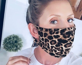Tvättbar ansiktsmask med leopardmönster tillverkad i USA | Återanvändbar unisexmask med 2 filter