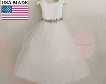 USA Made | Flower Girl Dress with detachable Rhinestone Belt | Handmade Crystal Belt | Size 6M - Teen | Elizabeth dress