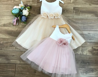 USA Made | Classic Ivory Satin and Tulle Flower Girl Dress with 3 Detachable Rose Pins | Size 6M - Teen | Audrey dress