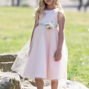 USA Made Satin Tulle Flower Girl Dress: Pin-On Bouquet Sash