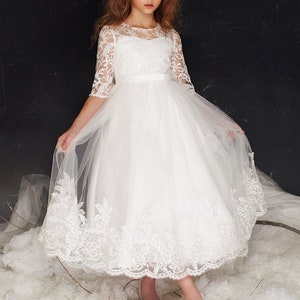 White High-Low tulle dress with embroidered top Classic Communion Girl Dress First Communion Dress Lace Flower Girl Dress image 3