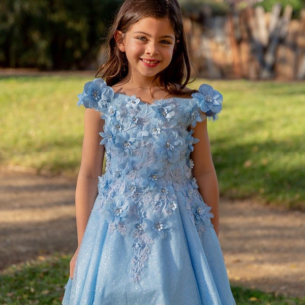 6 Colors | Kid Dress with off-the-shoulder style, decorated with 3D flowers, and a shiny fabric | Anaya dress