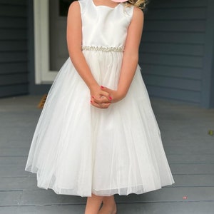 USA Made Pearl Rhinestone Flower Girl Dress: Ivory Satin Tulle