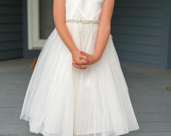 USA Made Pearl Rhinestone Flower Girl Dress: Ivory Satin Tulle