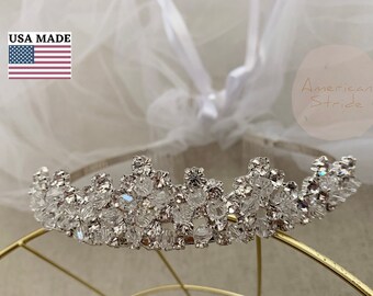 USA Made | Communion Tiara and 2 Tiered Veil | Communion Tiara and Veil | Flower Girl  Rhinestone Tiara with 2 Tiered Veil