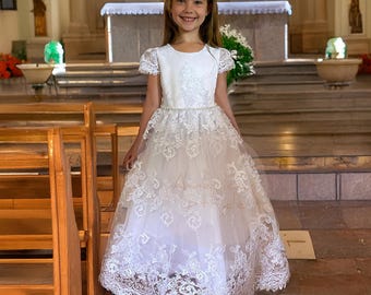 communion dresses brown thomas USA Made * White First Dress: Cording Lace, 3D Flower and Pearls Sheer Puff Sleeves with