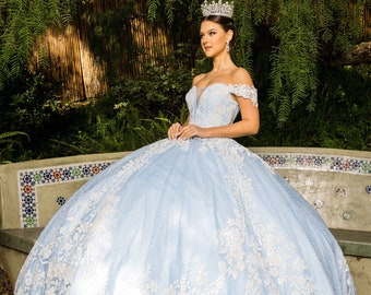 Quinceanera | Floral Black/white or Blue/white 3D effect glitter Off-shoulder Tulle Ball Gown | Aitana dress