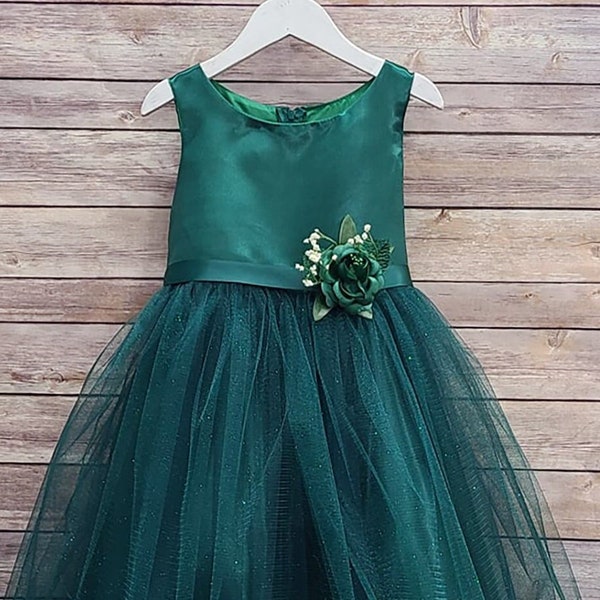 USA Made | Green Satin and Glitter Tulle dress with satin sash & beautiful pin-on bouquet to the side  | Clare dress