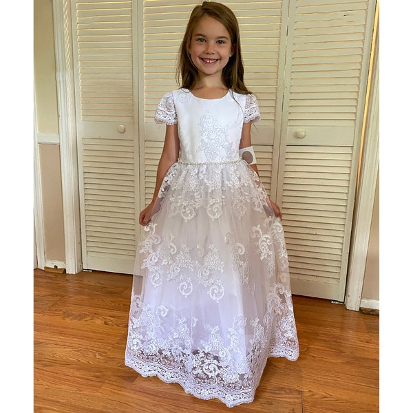 USA Made | First Communion dress | Size 6 to 20 | Cording Lace with 3D Flower Pearls Cap sleeve full length dress | Penelope dress