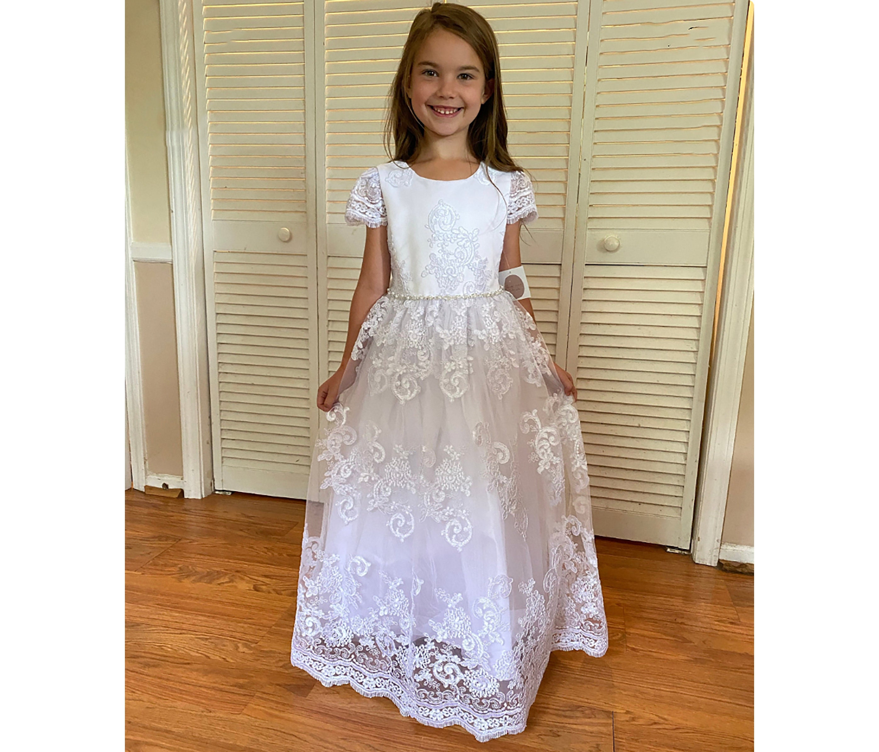 USA Made First Communion Dress Size 6 to 20 Cording Lace With 3D Flower Pearls Cap Sleeve Full Length Dress Penelope Dress Etsy
