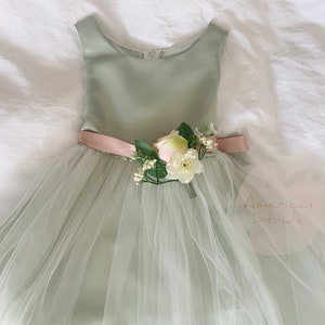 USA Made Satin Tulle Flower Girl Dress: Pin-On Bouquet Sash