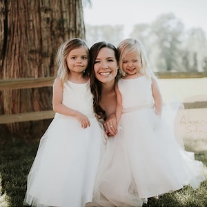 USA Made Satin and Tulle Flower Girl Dress: Pearl Sash, Classic Design