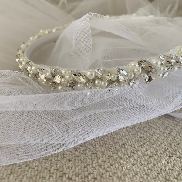 Erstkommunion Schleier: Perlen Stirnband, 2-fach, Blumen Mädchen, Kommunion