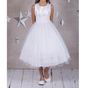 USA Made | Flower Girl Sleeveless satin bodice with lace and bead accented trim on waist | First Communion Dress Size 6M - Teen