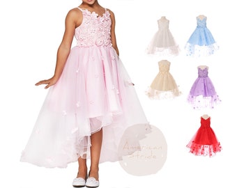 High-Low Tulle Dress with Embedded 3D Floral Design | Flower Girl Dress | Chloe dress