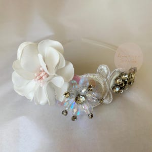 USA Made | Handmade Off-White Flower Girl Headband | Large Flower & Rhinestone Beads Clip