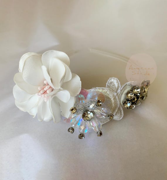 USA Made | Handmade Off-white Flower Girl Headband | Large  display picture 2