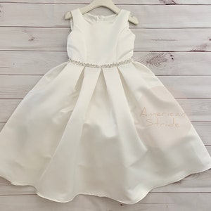 USA Made | Classic Dull Satin Flower Girl Dress with Pearl & Rhinestone Embellishment | Lynda dress A
