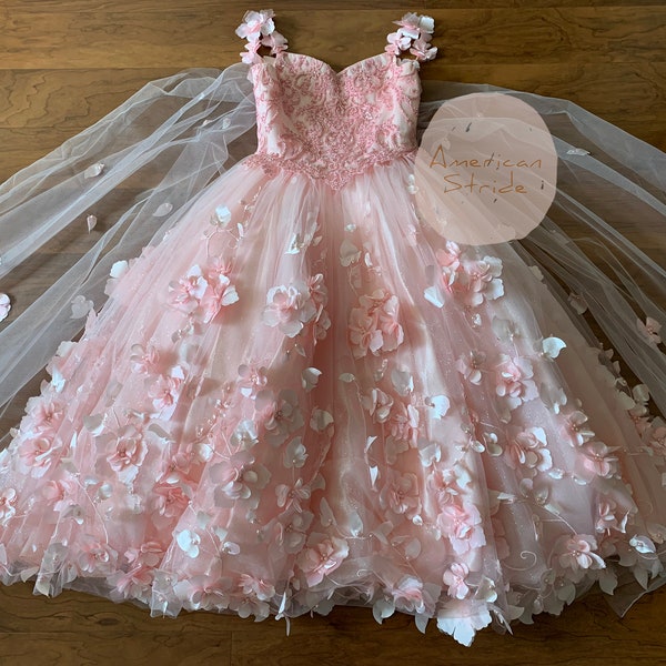 Mini Quince | Elegant 3D Stone and pearl embellishments Dress with Cape | Flower Girl Dress | Mini Quince Dress | Harper dress