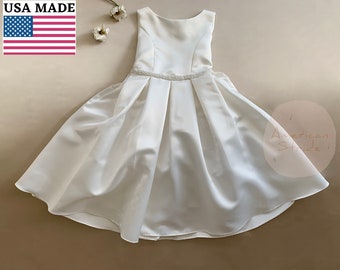 USA Made | Classic Flower Girl Dull Satin dress with Handmade Pearl attached belt | Baptism blessing dress | Size 6M - Teen | Lynda dress