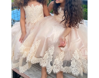 Beaded Lace and Stone Top and soft tulle Dress with Embroidery Applique Flower Girl Dress | Communion Dress | Katharine dress