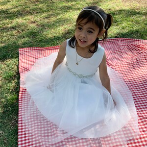 A young girl wearing a white sleeveless dress with a tulle skirt and a jeweled belt. She is sitting on a red and white checkered picnic blanket in a grassy area, with a gold frame headband with rhinestones and pearls.
