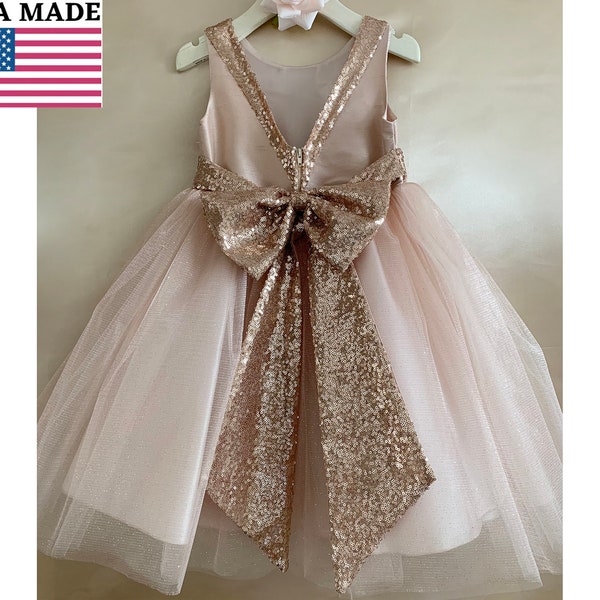 USA Made | Sequin V Back and Three Tulle Layers Dress with a detachable Ribbon pin | Size 6M - Teen | Evelyn dress