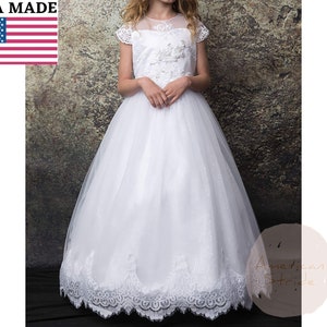 USA Made | Lace Sleeves Embroidered Mesh Top Flower girl dress | First Communion | Size 2 - 20 | Sandra dress