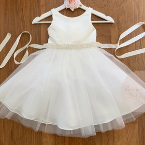 USA Made Satin Tulle Flower Girl Dress: Pearl Sash, Classic Design