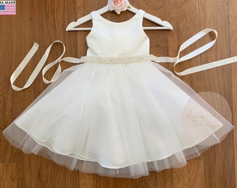 USA Made Satin Tulle Flower Girl Dress: Pearl Sash, Classic Design