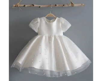 Satin and Tulle Elegant Pearl Flower Girl Dress | Ivory Flower Girl Dress