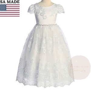 USA Made | First Communion dress | Size 6 to 20 | Cording Lace with 3D Flower Pearls Cap sleeve full length dress | Penelope dress