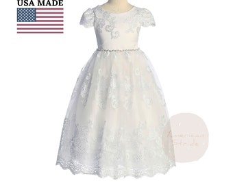 USA Made | First Communion dress | Size 6 to 20 | Cording Lace with 3D Flower Pearls Cap sleeve full length dress | Penelope dress