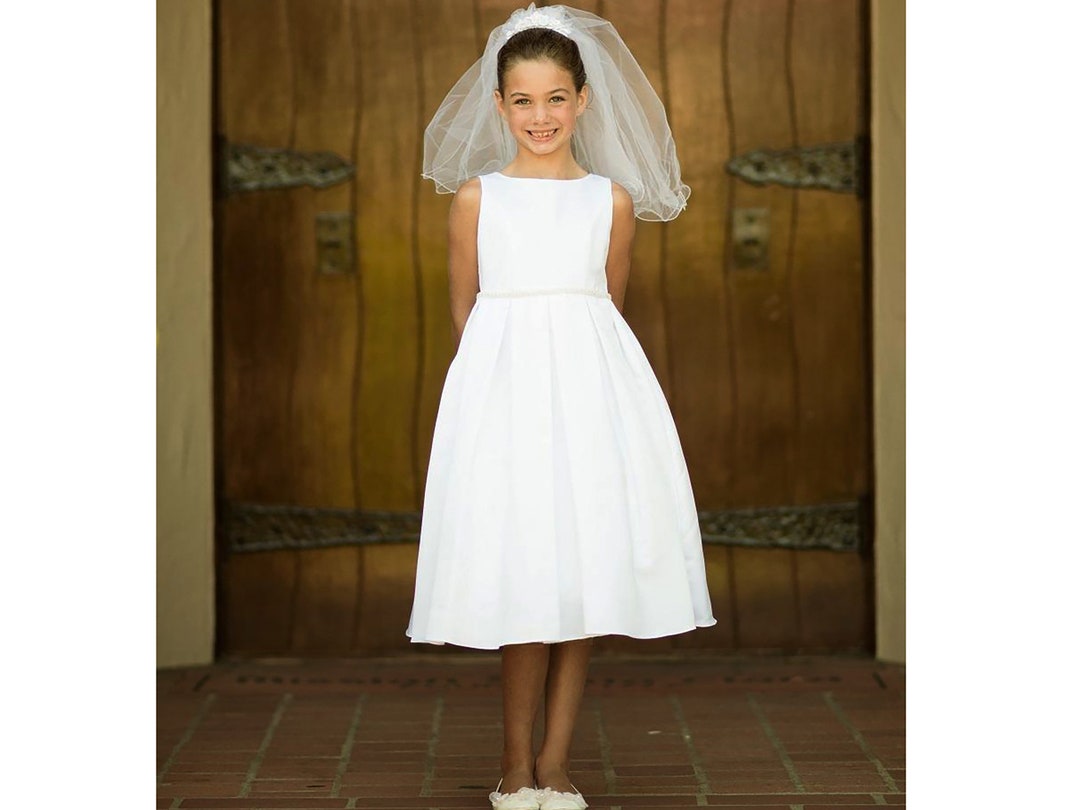 USA Made Classic Communion Satin Dress With Handmade Pearl Attached