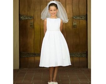 USA Made | Classic Communion Satin dress with Handmade Pearl attached belt | Communion Baptism blessing dress | Size 6M - Teen | Lynda dress