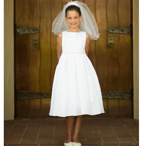 USA Made | Classic Communion Satin dress with Handmade Pearl attached belt | Communion Baptism blessing dress | Size 6M - Teen | Lynda dress