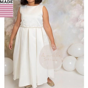 USA Made | Classic Flower Girl Dull Satin dress with Handmade Pearl attached belt | Baptism blessing dress | Size 6M - Teen | Lynda dress