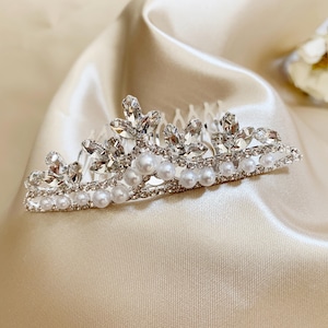 Tiny Flower Girl Pearl and Rhinestone Crystal Tiara Comb | First Communion Headpiece Clear Rhinestone