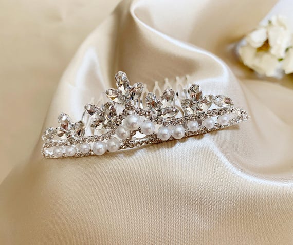 Tiny Flower Girl Pearl and Rhinestone Crystal Tiara Comb | First Communion Headpiece