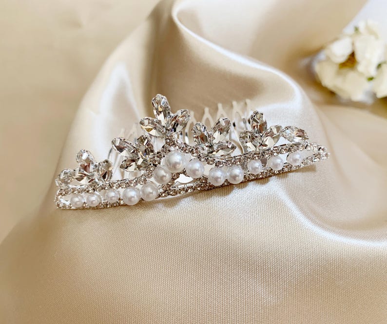 Tiny Flower Girl Pearl and Rhinestone Crystal Tiara Comb | First Communion Headpiece Clear Rhinestone