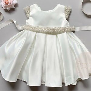USA Made | First Communion, Baptism, Flower Girl Satin dress pearl-adorned short sleeves | Leah dress