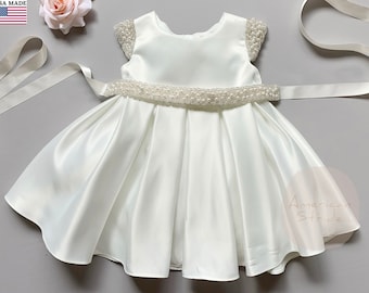 USA Made | First Communion, Baptism, Flower Girl Satin dress pearl-adorned short sleeves | Leah dress