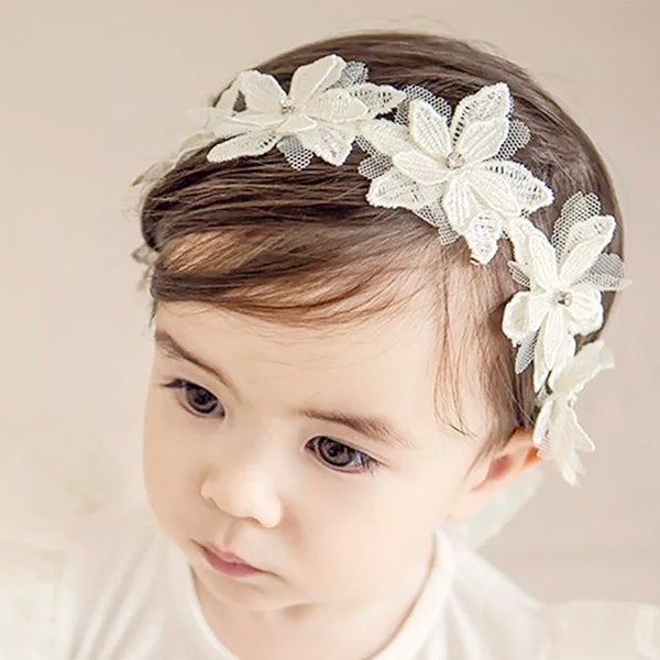 Super Soft Handmade Baby Rhinestone and Offwhite Flower Headband